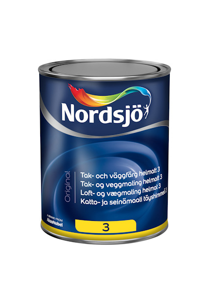 Färgburk med etikettext: "Nordsjö Original" och "Tak- och väggfärg helmatt 3".