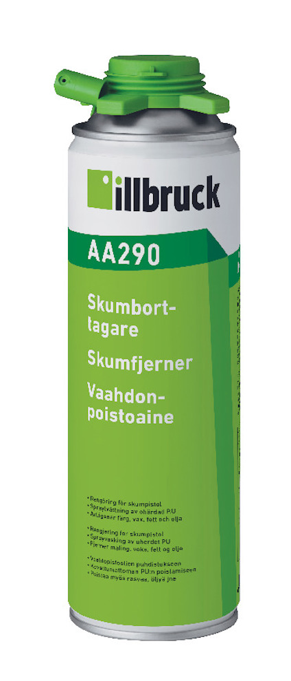 Sprayburk med grön etikett och text: "illbruck AA290 Skumborttagare Skumfjerner Vaahdonpoistoaine".