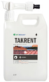 Vit plastbehållare med etikett "TAKRENT" och text om användning på tak. Har munstycke och handtag.