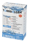 Förpackning av torrboll-refill för fuktabsorberare, med text på flera språk och varningssymboler.