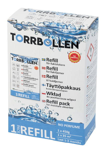 Förpackning av torrboll-refill för fuktabsorberare, med text på flera språk och varningssymboler.