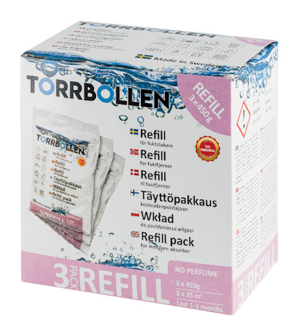 Förpackning med texten "TORRBOLLEN Refill" och bilder på påsar. 3-pack.