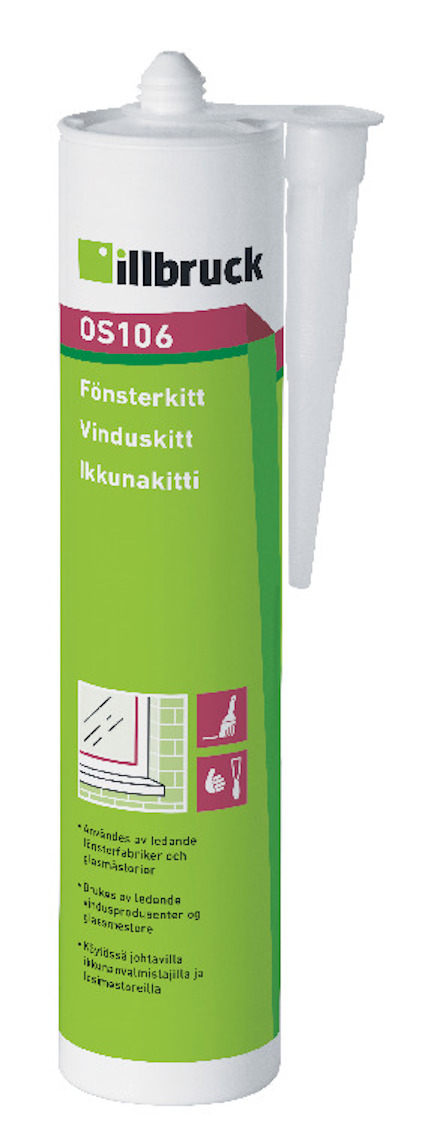 Vit tub av fönsterkitt med grön etikett och text på flera språk. Märke illbruck, produktkod OS106.