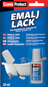Förpackning med CorroProtect emaljlack, innehållande en flaska och en pensel, på ett blått och vitt bakgrund. Text på flera språk.