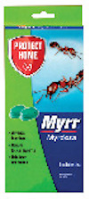 Grön och blå förpackning med texten "Myrr Myrdosa" och bild på myror. Text: "Används inomhus", "Honung lockar myrorna", "Hela boet bekämpas
