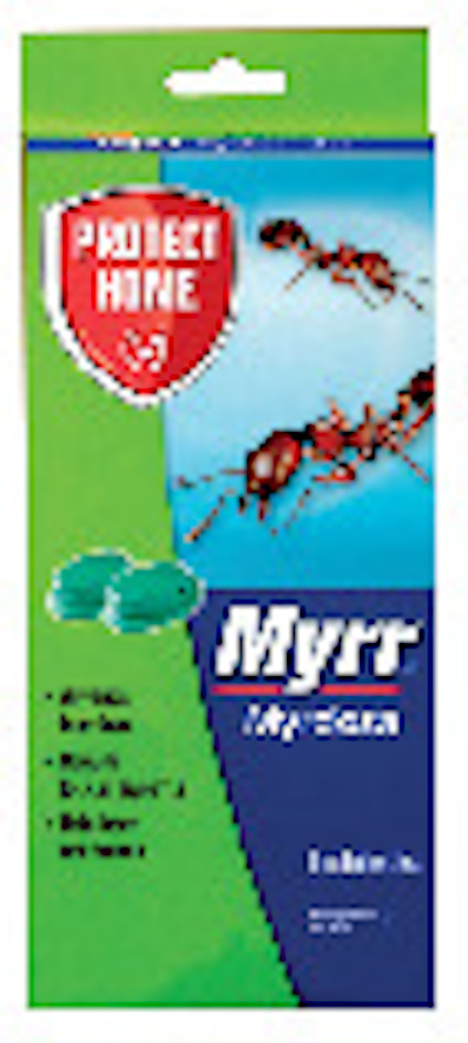 Grön och blå förpackning med texten "Myrr Myrdosa" och bild på myror. Text: "Används inomhus", "Honung lockar myrorna", "Hela boet bekämpas