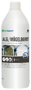 Vit flaska med texten "ALG/MÖGELBORT" och "Biokleen" på etiketten.