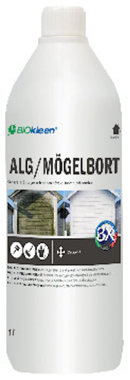 Vit flaska med texten "ALG/MÖGELBORT" och "Biokleen" på etiketten.
