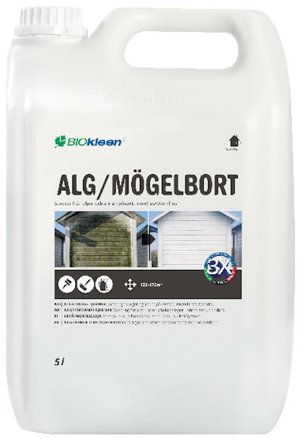 Vit plastdunk med texten "ALG/MÖGELBORT" och Biokleen-logotyp.