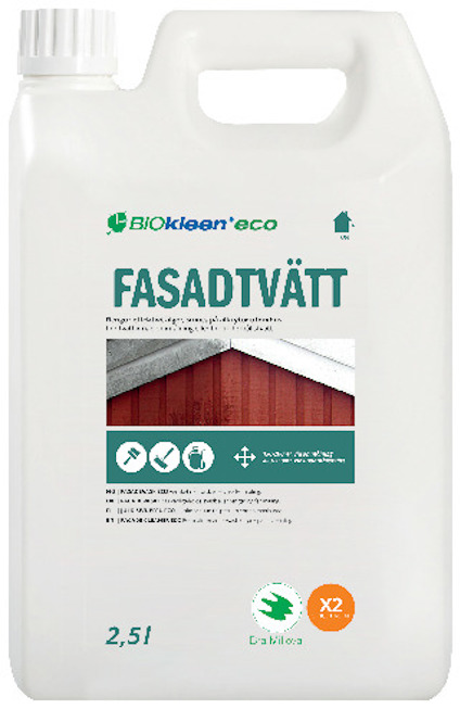 Förpackning av Biokleen FasadTvätt Eco, 2,5 L med etikett och miljömärkning Bra Miljöval.