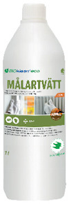 Vit plastflaska med etikett för Biokleen Målartvätt Eco 1L, text och symboler synliga.