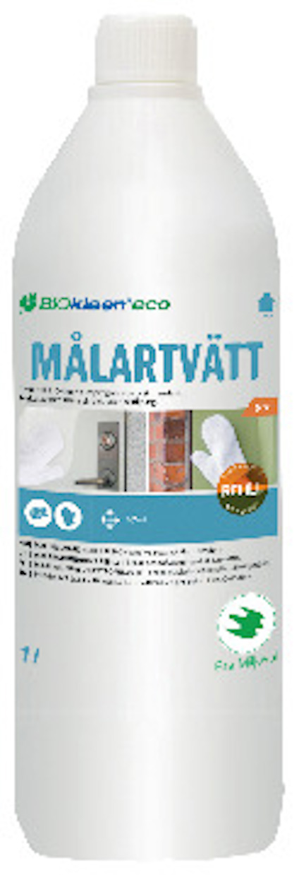 Vit flaska med etikett "BIKleen eco MÅLARTVÄTT UTE" och text om produktinformation och miljömärkning.