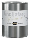 Linoljefärg i metallburk med etikett där det står "linoljefärg", "matt vit" och "inomhus".