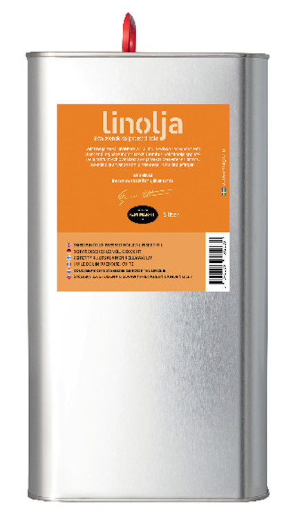 Rektangulär metallbehållare med orange etikett märkt "linolja" och röd skruvkork.