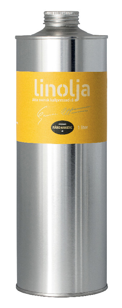 Metallflaska med etiketten "linolja" i gul färg och skruvlock ovanpå, volym 1 liter.