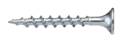 Metallskruv med spolformad gänga och försänkt huvud på vit bakgrund.