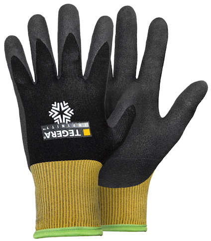 Svart och gul handske med texten "TEGERA" och snöflingesymbol på ovansidan.
