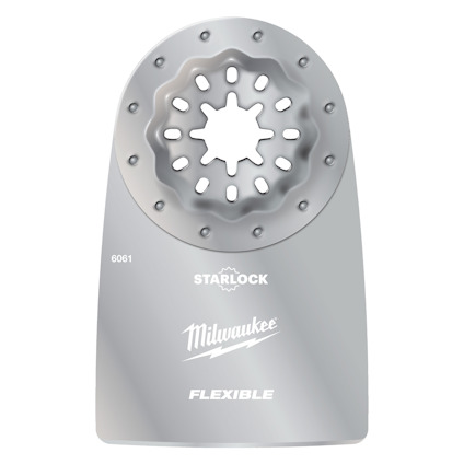 Metallskrapa med tandat fäste och texten "Starlock Milwaukee Flexible" tryckt på ytan.