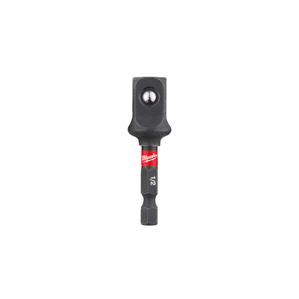 Adapter med 1/4-tums sexkant och 1/2-tums fyrkantsfäste, svart med röd detaljer.