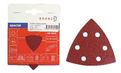 Slipsats med trekantiga slipark, ett i förpackning och ett löst, båda med fem hål och röd yta.