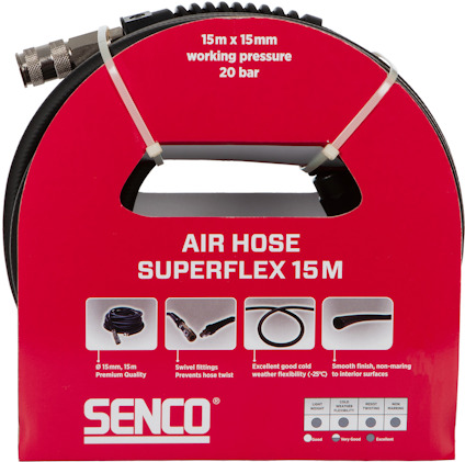 Förpackning med "Senco Air Hose Superflex 15m", max 20 bar. Funktioner: 360° kopplingar, god flexibilitet i kyla.
