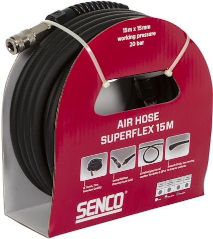 Slangförpackning med texten "Air Hose Superflex 15M" och specifikationer tryckta på en röd hållare.