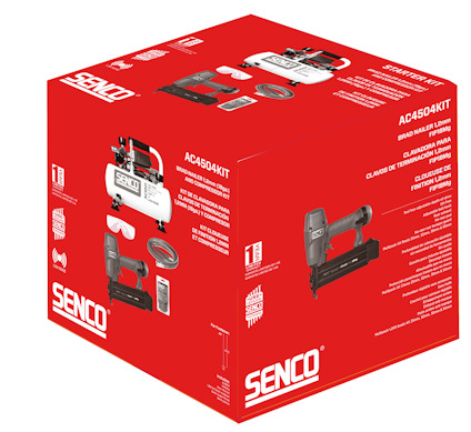 Röd Senco förpackning för ACA4504KIT, innehållande brad-apparat och tillbehör. Texter på flera språk.