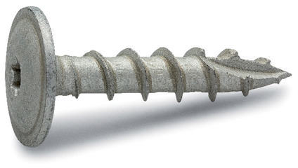 Stålskruv med bred skalle och vassa gängor, avsedd för träkonstruktioner.