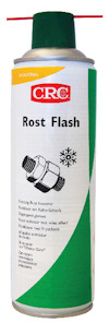 Sprayburk med grön och vit etikett, märkt "CRC Rost Flash". Röd tunn slang på toppen för applicering.