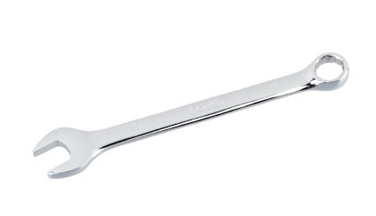 En kombinationsnyckel med öppen käft i ena änden och ringslut i den andra på vit bakgrund.