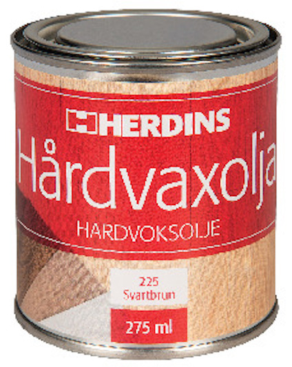 Burk med Herdins hårdvaxolja i svartbrun nyans, 275 ml, röd etikett med trädetalj.