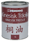 Burk med texten "HERDINS Kinesisk Träolja KINESISK TREOLJE" och kinesiska tecken, 1L.