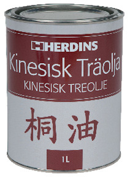 Burk med texten "HERDINS Kinesisk Träolja KINESISK TREOLJE" och kinesiska tecken, 1L.