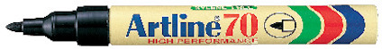 Märkpennan Artline 70 med beige hölje och svart spets, texten "Artline 70 HIGH PERFORMANCE" i färgerna blått, rött, grönt.