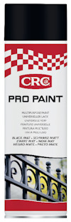 Sprayburk med etikett "CRC Pro Paint" följt av text på flera språk. Röd och vit design med schackmönster.