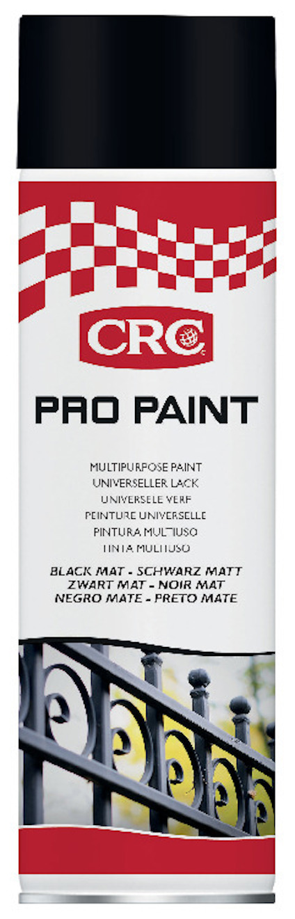 Sprayburk med etikett "CRC Pro Paint" följt av text på flera språk. Röd och vit design med schackmönster.