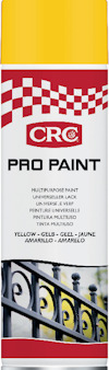 Sprayburk med gul färg från CRC, märkt "Pro Paint" och med en bild av ett staket. Texter inkluderar "Multipurpose Paint".