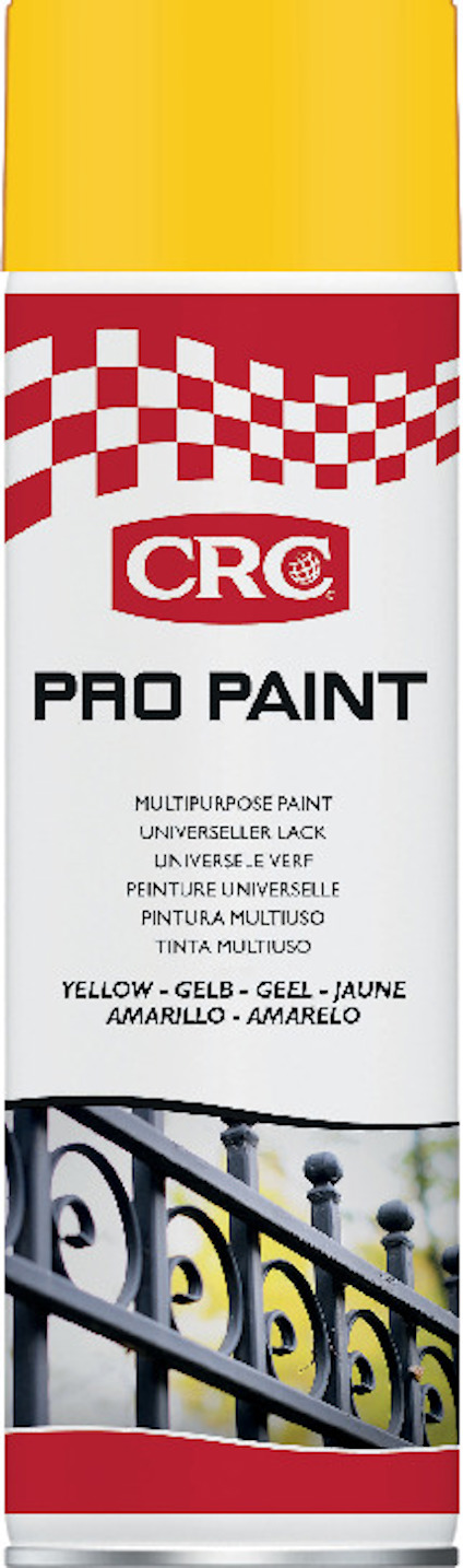 Sprayburk med gul färg från CRC, märkt "Pro Paint" och med en bild av ett staket. Texter inkluderar "Multipurpose Paint".