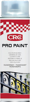 Sprejburk med etikett "CRC PRO PAINT" och bild på ett målat metallstaket.