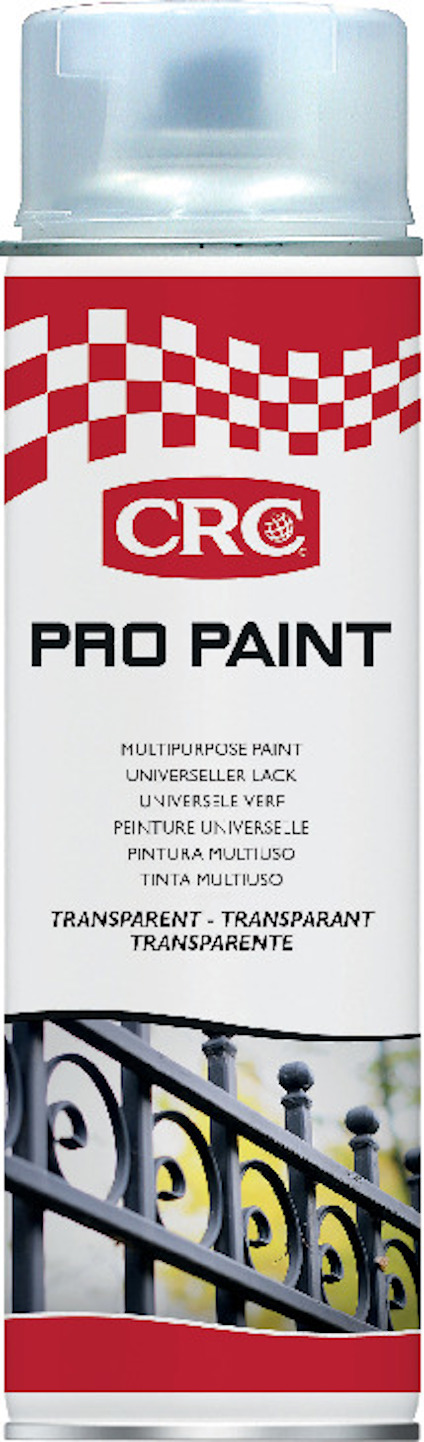 Sprejburk med etikett "CRC PRO PAINT" och bild på ett målat metallstaket.