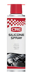 Sprayburk med etikett "CRC Silicone Spray". Vit och röd design med bild av maskindelar längst ner.