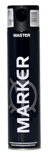 Svart sprayburk märkt "MARKER" med vit text och symbol.