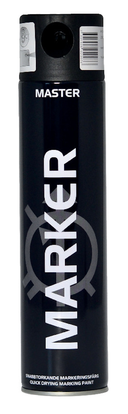 Svart sprayburk märkt "MARKER" med vit text och symbol.