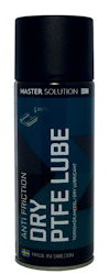 Svart sprayburk med texten "ANTI FRICTION DRY PTFE LUBE" och symbol för "MASTER SOLUTION". Notering: "MADE IN SWEDEN".