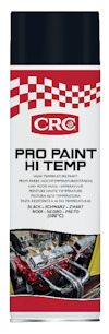 Sprayburk med etikett "CRC Pro Paint Hi Temp", röd och svart design med rutmönster.
