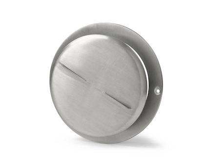 Rund tallriksventil i borstat aluminium med två horisontella spår och en monteringsbricka med skruvhål.