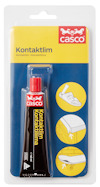 Tub med Casco Kontaktlim 40 ml i förpackning. Förpackningen visar tre användningsområden med ikoner.