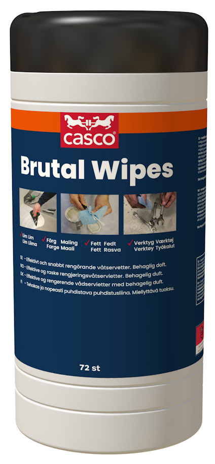 Cylindrisk behållare med etikett "Casco Brutal Wipes", innehållande 72 rengöringsdukar.