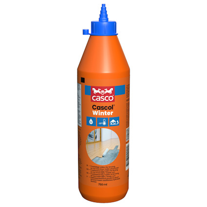 Orange flaska med blått lock, etikett med texten "Casco Cascol Winter" och ikoner för vattenbeständighet och interiör användning.