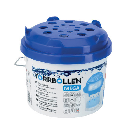 Vit och blå behållare med texten "TORRBOLLEN MEGA". Lock med hål och ikoner på sidan.